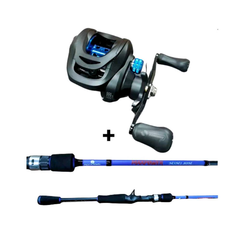 Combo Maxpower Carretilha Direita Azul Pesca Brasil